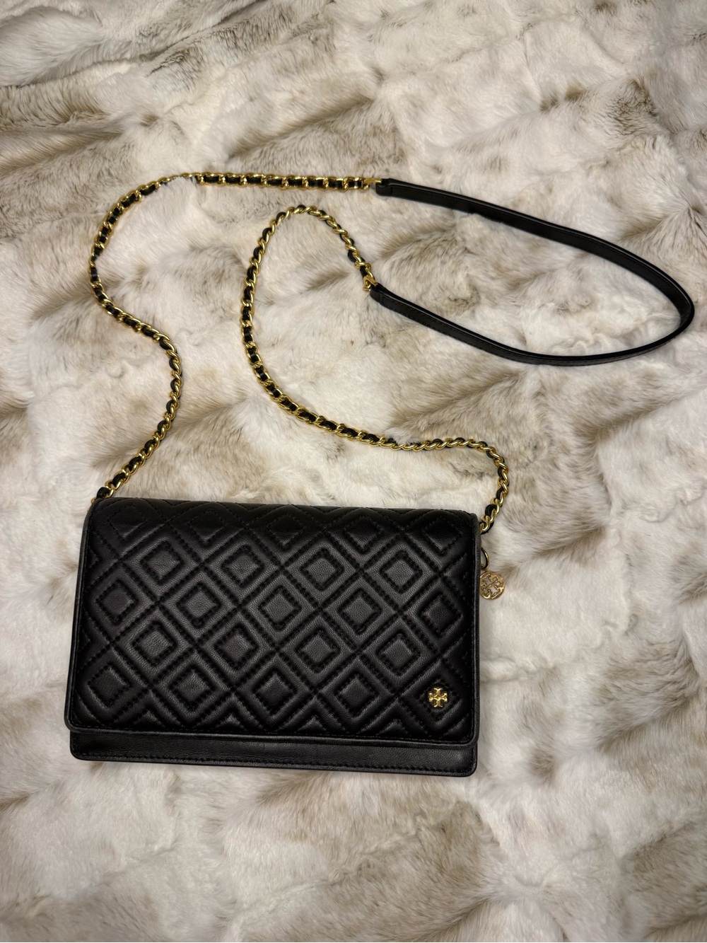 Tory Burch black crossbody small purse with gold chain strap